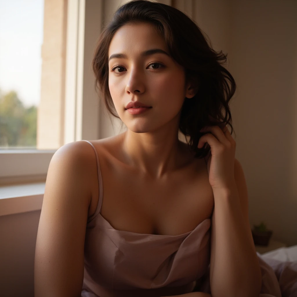 Artistic photo of a woman in her mid-30s with Mediterranean features, dark wavy hair, elegant dress, soft evening lighting, posed near a window, high-definition quality