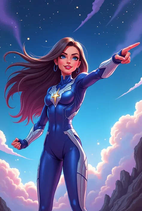 Animated superhero girl pointing aside in a galactic costume
