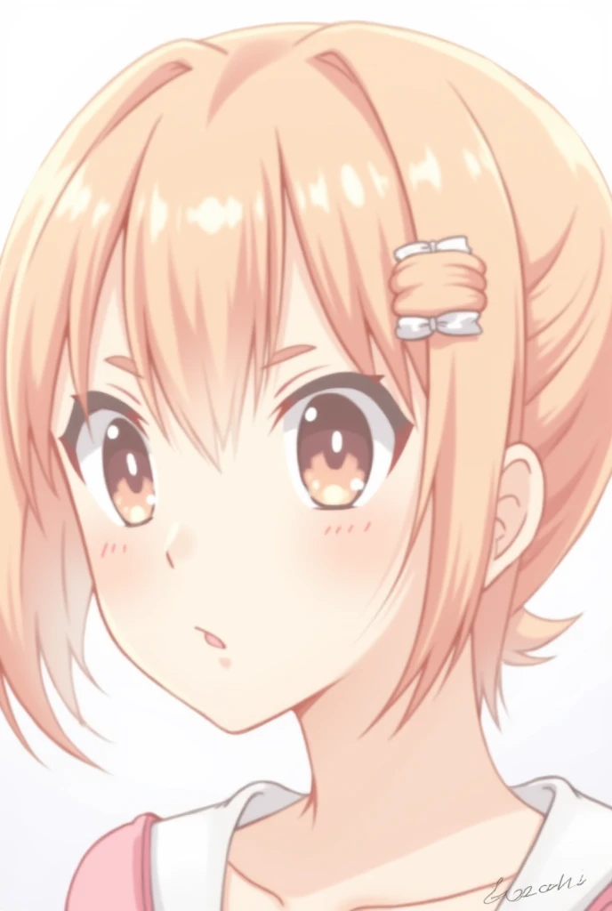 Yuigahama Yui with short peachy-pink hair and a single strand of medium hair shaped like a ball on the left side of her head.