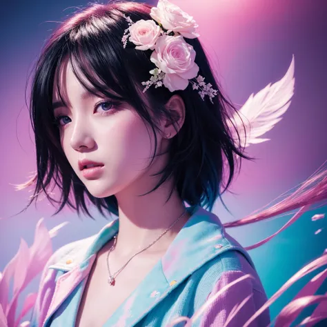 hard rock singer, black hair,The inside of the hair is white,Cover art, bright color、Pastel Palette、 soft-focus 、 Dynamic Lighting 、Dramatic contrast、 soft-focus 、 pastel colors、A vibrant palette、 digital painting、Cover art、