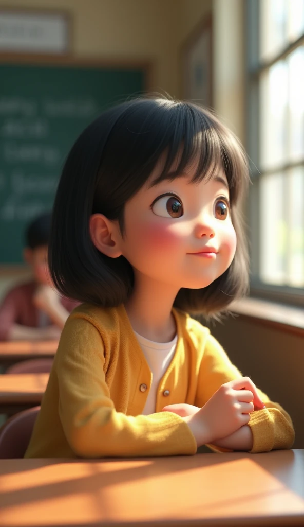 A  is in class looking out the window in a daze，Asian Face，Medium-length hair，Cartoon Pixar style，3d