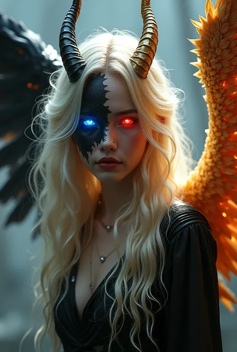 Demon angel hybrid . white horns.  long blonde hair,  that shimmer red in the light . On the right a white wing with golden tips on the feathers ,  on the left a black wing with silver tips on the feathers.  right a red eye .  left a deep blue eye .