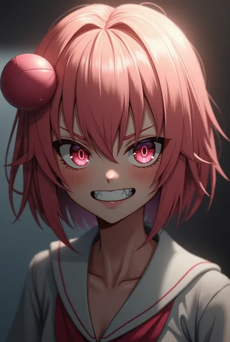 Yuigahama Yui with short peachy-pink hair and a single strand of medium hair shaped like a ball on the left side of her head. She has Yanderes eyes and smile