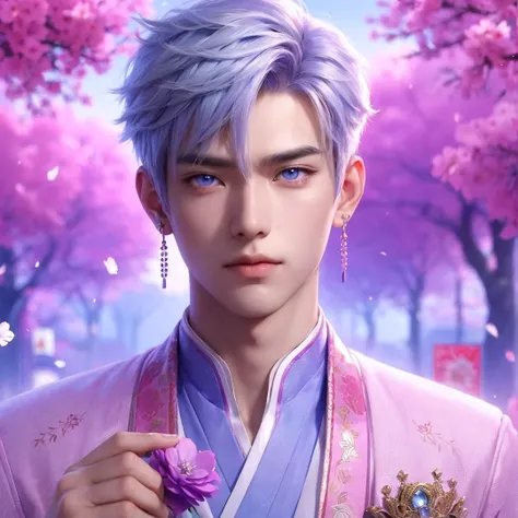 Handsome Chinese boy, light blue eyes, short hair, white hair highlighted with blue, pink and purple, wearing pink and light blue barong tagalog, wearing golden tiara, holding a purple flower, poker face, purple tree background, manly