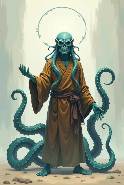 un kraken rojo oscuro humanoide vistiendo una túnica de monje de color marrón mientras extiende su brazo y abre su mano, estilo anime sein. The character should be close to camera ,  preferably that only a dark red humanoid kraken wearing a brown monks rob...