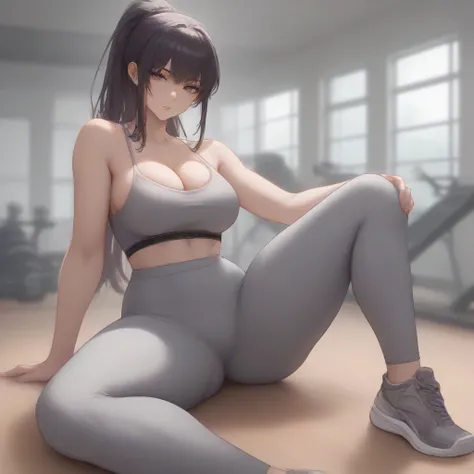 Score_9,score_8_up,score_7_up,1girl,solo, in a room,sports bra, spaghetti strap,cleavage,big_breasts,looking_at_viewer,long hair, high ponytail, grey pants,yoga pants,haren pants,high waist,side slit,thick thighs,slab sitting,fashion dress