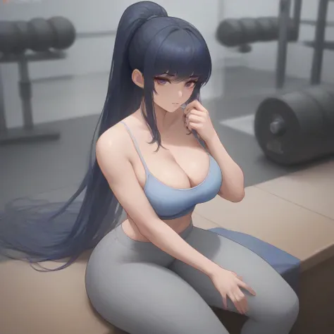 Score_9,score_8_up,score_7_up,1girl,solo, in a room,sports bra, spaghetti strap,cleavage,big_breasts,looking_at_viewer,long hair, high ponytail, grey pants,yoga pants,haren pants,high waist,side slit,thick thighs,slab sitting,fashion dress