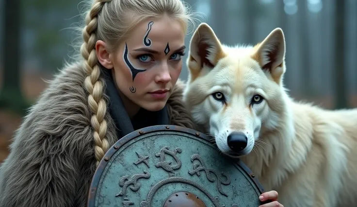 The image depicts a scene from a fantasy setting. In the foreground is a young woman with blonde hair, cyberpunk-style make-up and a Viking-inspired braided hairstyle. She has striking blue eyes and a dramatic expression. Her make-up includes black abstrac...