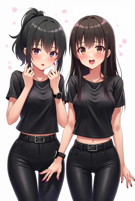 Anime sisters wearing leather t-shirts and leather pants worried and with a white background and full body and with pink nails and a black watch with their cuffs on their chests both hands with an emotion of nervousness and with an expression of concern an...