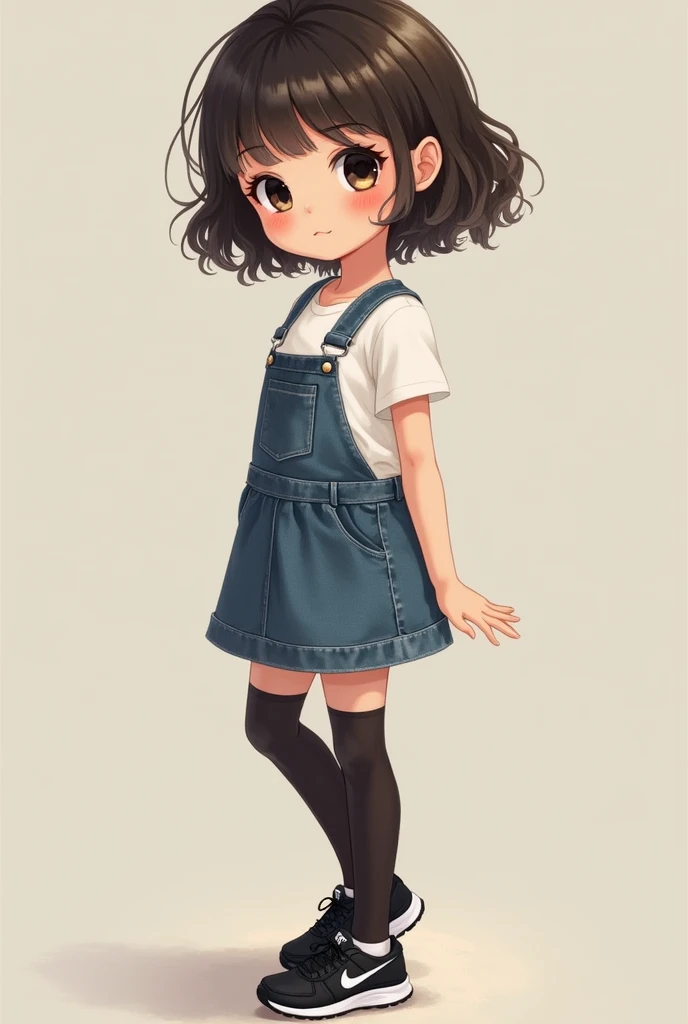 Cute  girl of human flesh and bone with short curly hair up to her shoulders, denim skirt and black Nike shoes with medium stockings and black eyes with long or medium eyelashes..