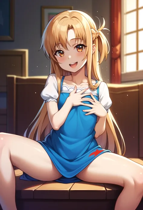 (( best quality)), ((masterpiece)), (be familiar with),  perfect face, indoor, bedroom,  putting their fingers in their lips,
One woman,  Asuna Yuki,
 characters with open mouth ,  ecstatic expression with hands in front of body, blush, smile,
Small breast...