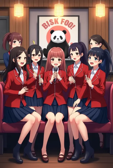 ((best quality)), ((masterpiece)), (detailed), 1girl,  sing with a microphone at the karaoke box、 there are girls who sing with tambourines 、Japanese pretty girls, they are all wearing red blazers 、 navy blue pleated skirt 、Sitting on the sofa、Little panda...