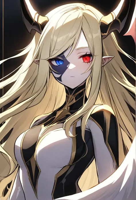  demon-angel hybrid  . white horns.   long blonde hair ,   that shimmers red in the light  .   right wing white with gold tips  ,   left wing black with silver tips.  right eye red  .   left eye deep blue  .