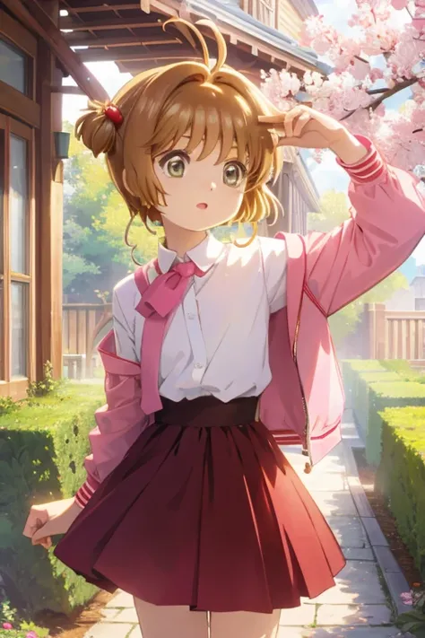 masterpiece,  best quality,  high definition , kinomoto sakura，One young girl， brown hair， short hair,  Antenna Hair，Ahoge， sarcasm ，