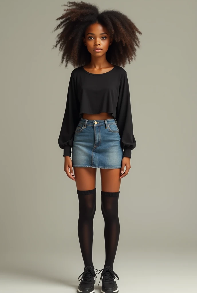 Pretty girl of flesh and blood Humama of brown skin with medium afro hair up to her shoulders jean skirt and short black blouse Nike black shoes with medium stockings and black eyes with long or medium eyelashes.