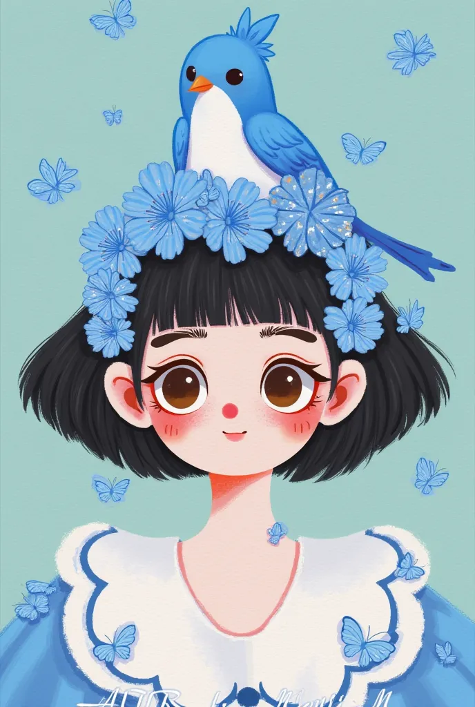 there is a bird on the girl&#39;s head in the painting  ，there is a blue bird on the head,  digital art inspired by hsiao rongch...