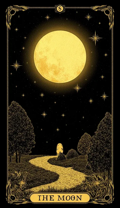  Create a tarot card titled  "The moon"  that reflects mystery and spirituality ,  designed in a golden metallic style .

Specs:

style:  Golden metallic with silver colors on a black background .
Visual Elements:
A full moon in the center ,  surrounded by...