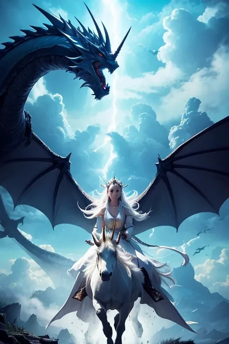 「Set in a fantasy world 、 draw a scene where a woman riding a white unicorn confronts a giant black dragon。The woman spreads her hands to the sky 、 thunderous light is being emitted from her hands 。 the dragon has its mouth wide open 、There are clouds spre...