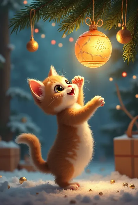 A veiw of An adorable small cat with giant eyes reaching up to a glowing tree ornament hanging on the tree from the top down