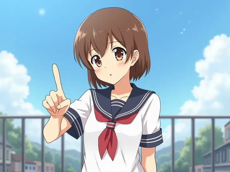 Point your finger in front　Brown Hair　 short hair　 winks　 female middle school student　school rooftop background　Asahi　anime　Japan　 brown eyes　smile　 standing　 white sailor suit　whole body