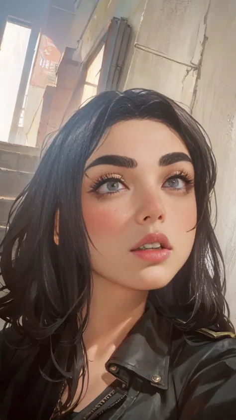 there is a woman with long hair and a black jacket, pale-skinned persian girl, charli bowater, black hair and large eyes, 18 years old, headshot profile picture, violet myers, charli xcx, ava max, 19-year-old girl, thick eyebrows, kailee mandel, large eyeb...