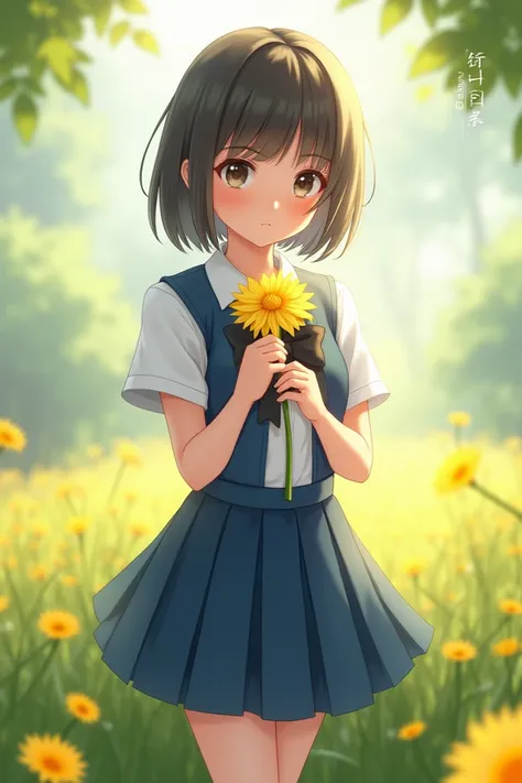 A girl wearing a school uniform square blue skirt clutching a yellow flower 