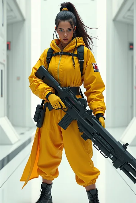 Image of a warrior woman features imposing the outrage yellow red list with white futuristic setting uses a weapon 