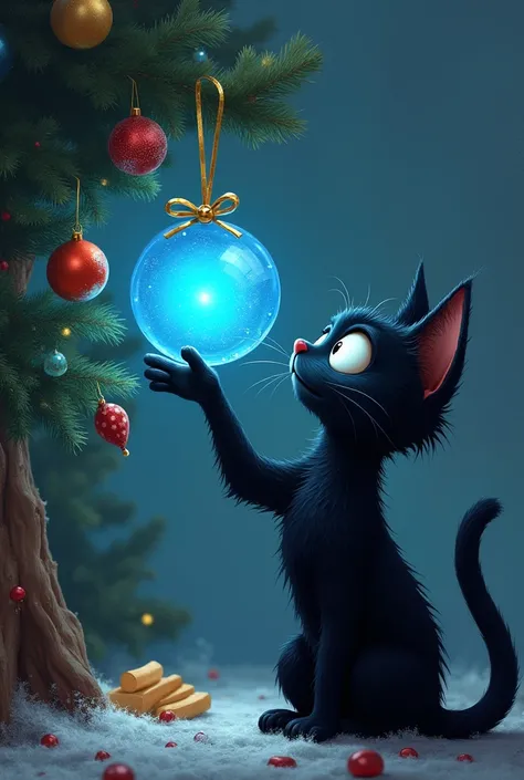 A mischievous black cat with comically huge eyes trying to touch a blue glowing orb tree ornament on a tree