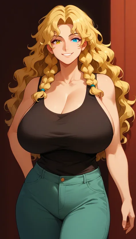 score_9, score_8_up, score_7_up, milfication, 1girl, solo, mature female, milf, looking at viewer, gigantic breasts, tank top, pants, upper body, vitiligo, wavy hair, long hair, braids, parted bangs, heterochromia, smile