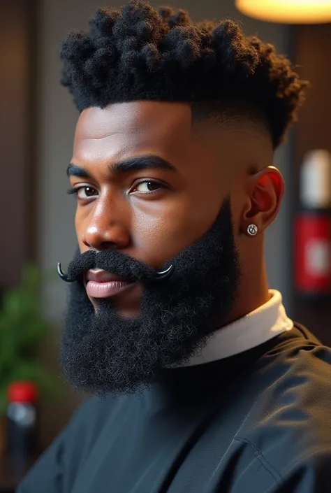 Super Mario Bross logo as a modern black-skinned barber, big black beard,  with a meed fade haircut with fristyle  ,  a hair clipper in the background of the image , colors that show a professional image  