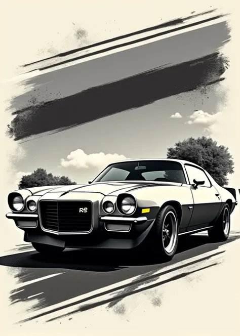 a vintage phrase that says 70 Camaro rs , in addition to a thick line in the middle of the horizontal sheet and a thin one on each side,  black and white  