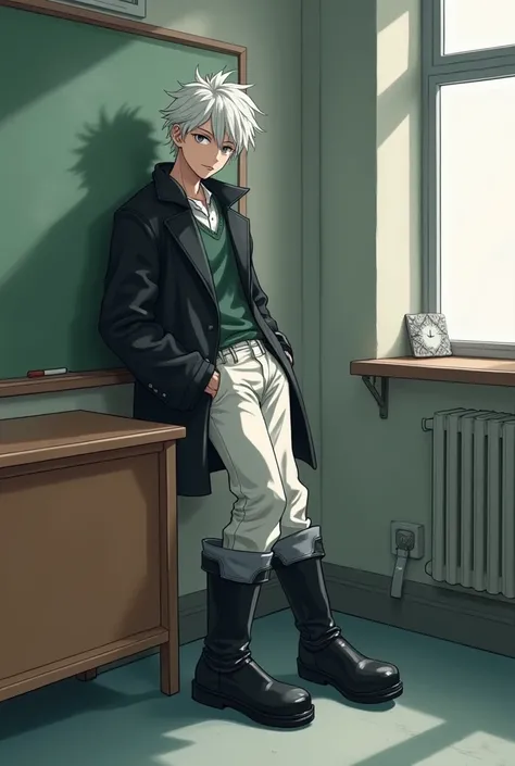 School classroom illustration of a 17-year-old male leaning against a wall wearing big black nashi, and his pants are white, but they cant be seen because of the big nashi; he has white hair, gray eyes, and is more than a cat. 