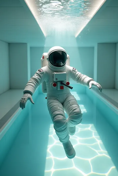 An astronaut wearing his space suit and swimming in a pool