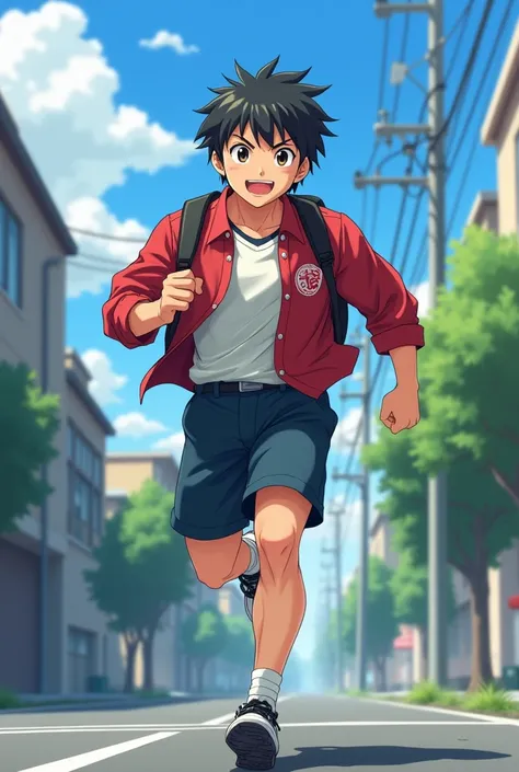 A young middle school boy was extremely large muscles happily runs to school his Japanese Middle School uniform accommodates his surprising silhouette of muscle