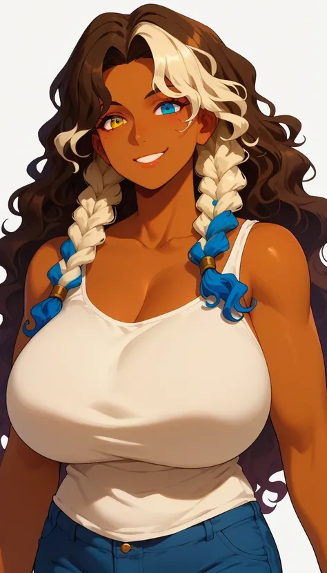 score_9, score_8_up, score_7_up, milfication, 1girl, solo, mature female, milf, looking at viewer, gigantic breasts, tank top, pants, upper body, dark skin, vitiligo, wavy hair, long hair, braids, parted bangs, heterochromia, two-toned hair, smile