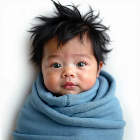  Generate images of a newborn boy just born,  beautiful looking black shaggy hair . Carl Dis ,  green eyes, freckles on the face.  Its wrapped in a blue scarf .  Its on a white backgroundHigh resolution , 