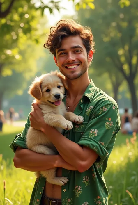 A man of nineteen, tanned skin, brown eyes, a wide, infectious smile, wearing green printed clothes, holding a puppy in a park, extreme realism 