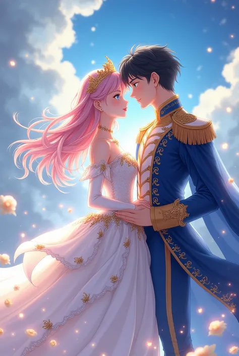 Anime girl with pastel pink hair ,  blue eyes and white princess dress with gold details next to her black-haired prince with black eyes and princes costume 