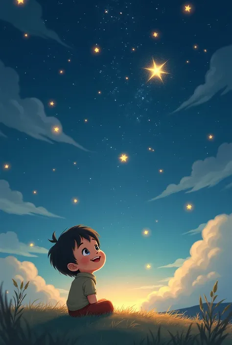 An illustration of Little ren smiling under the stars or the shining sky.