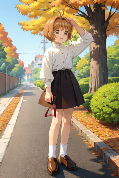 masterpiece,  best quality,  high definition , kinomoto sakura， 1 very young girl，Very short stature， toddler figure ， brown hair，Baby Face，A shy smile， short hair, Antenna Hair，Ahoge， sarcasm ，autumn，autumnの紅葉，