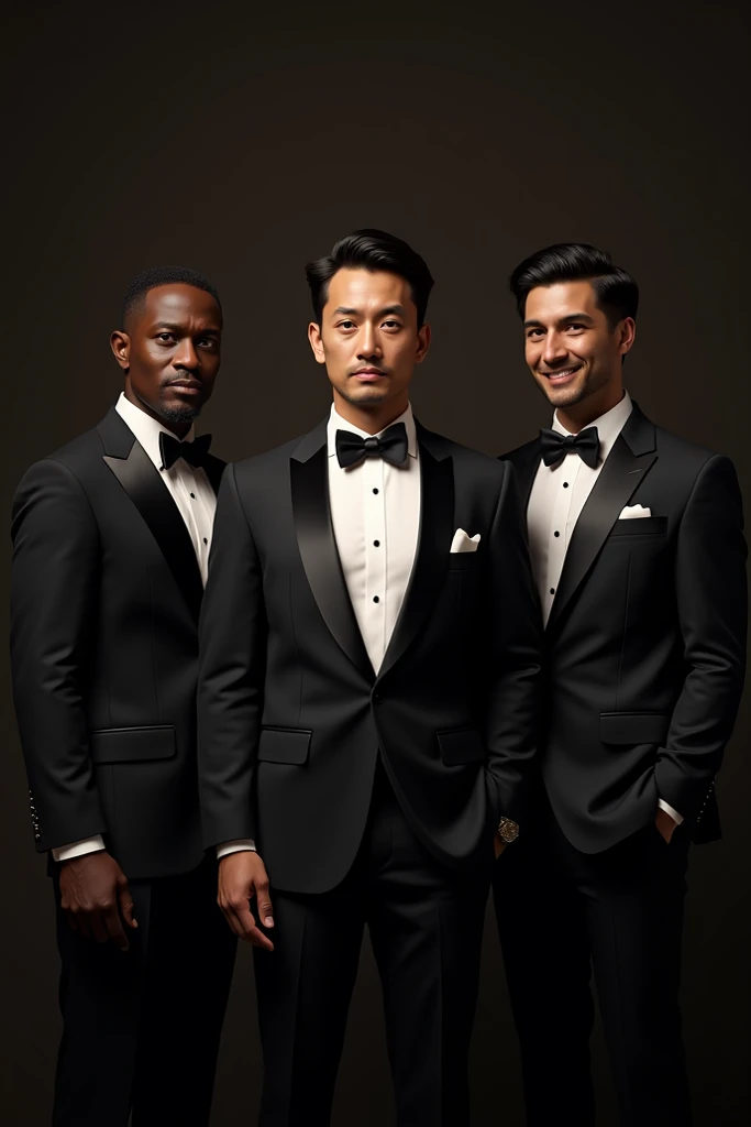 Create a image of a black man, asian man, and Hispanic man in tuxedos