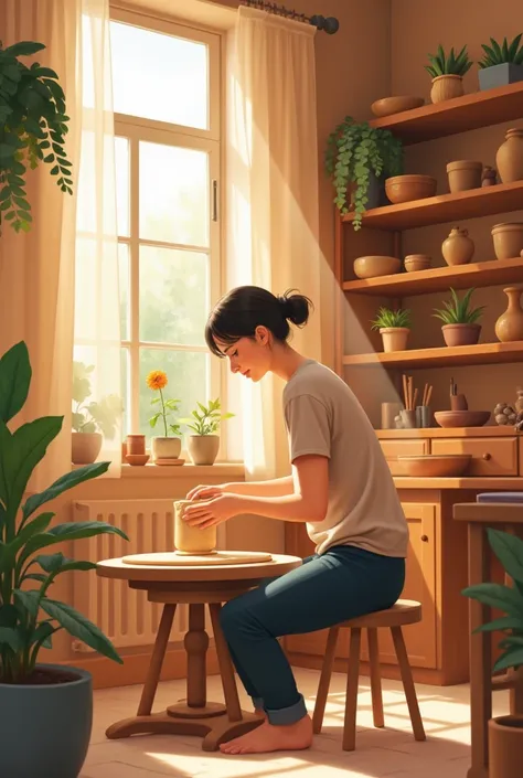 A serene and calming illustration of a person sitting at a pottery wheel in a cozy, sunlit studio. The individual is shaping a clay bowl with their hands, their expression focused and peaceful. Around them are shelves filled with handcrafted ceramic pieces...