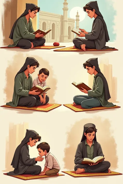  An illustration depicting rens activities such as reading the Quran, pray, or playing with a good friend .