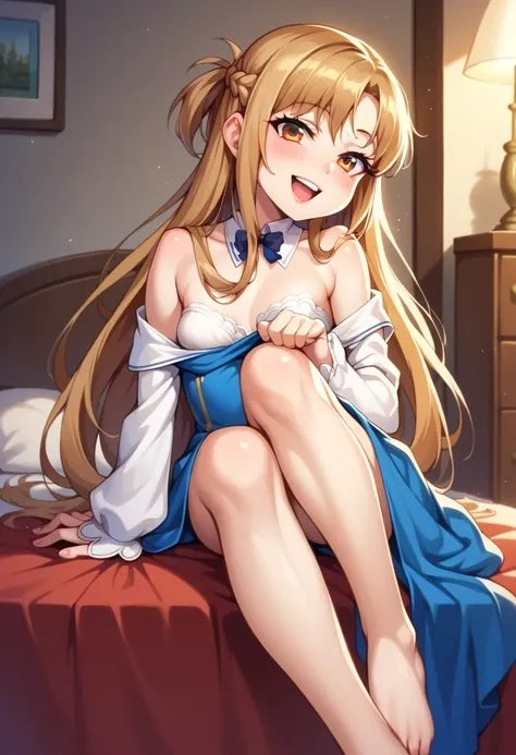 (( best quality)), ((masterpiece)), (be familiar with),  perfect face, indoor, bedroom,  putting their fingers in their lips,
One woman,  Asuna Yuki,
 characters with open mouth ,  ecstatic expression with hands in front of body, blush, smile,
Small breast...