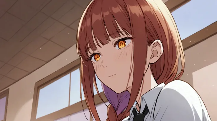  Character Makima from the anime Chainsaw Man with an otherworldly beauty around her twenty-five years old with light reddish brown hair tied in a braid and has bangs up to her eyes and two longer side bangs that frame her face. Besides, She also had golde...