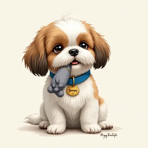 Draw a shi tzu, Half white, half beige .  Wearing a blue collar with a blue bone-shaped medal written Snoopy.  He has a gray plush chicken in his mouth .  realistic drawing