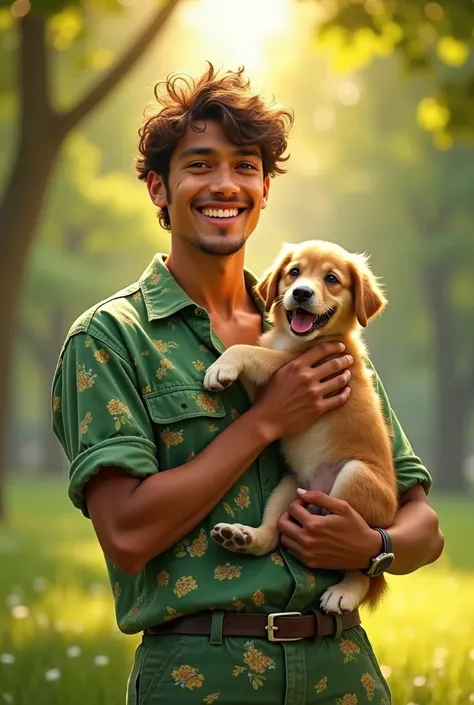 A man of nineteen, tanned skin, brown eyes, a wide, infectious smile, wearing green printed clothes, holding a puppy in a park, extreme realism 