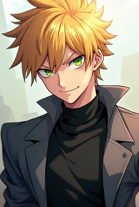 Man with blond hair and green eyes with a mocking smile, anime 