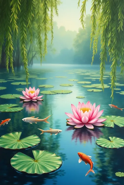  A painting of a lake with water lilies Close-up of a poster, lotus, A fish in the lake , willow