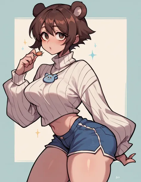 Cartoon style anime girl, short brown hair, bear ears, wearing white sweater, sexy, wearing blue mini shorts, posing sexy, sexy breasts, big thighs, big ass, very detailed perfect anatomy 